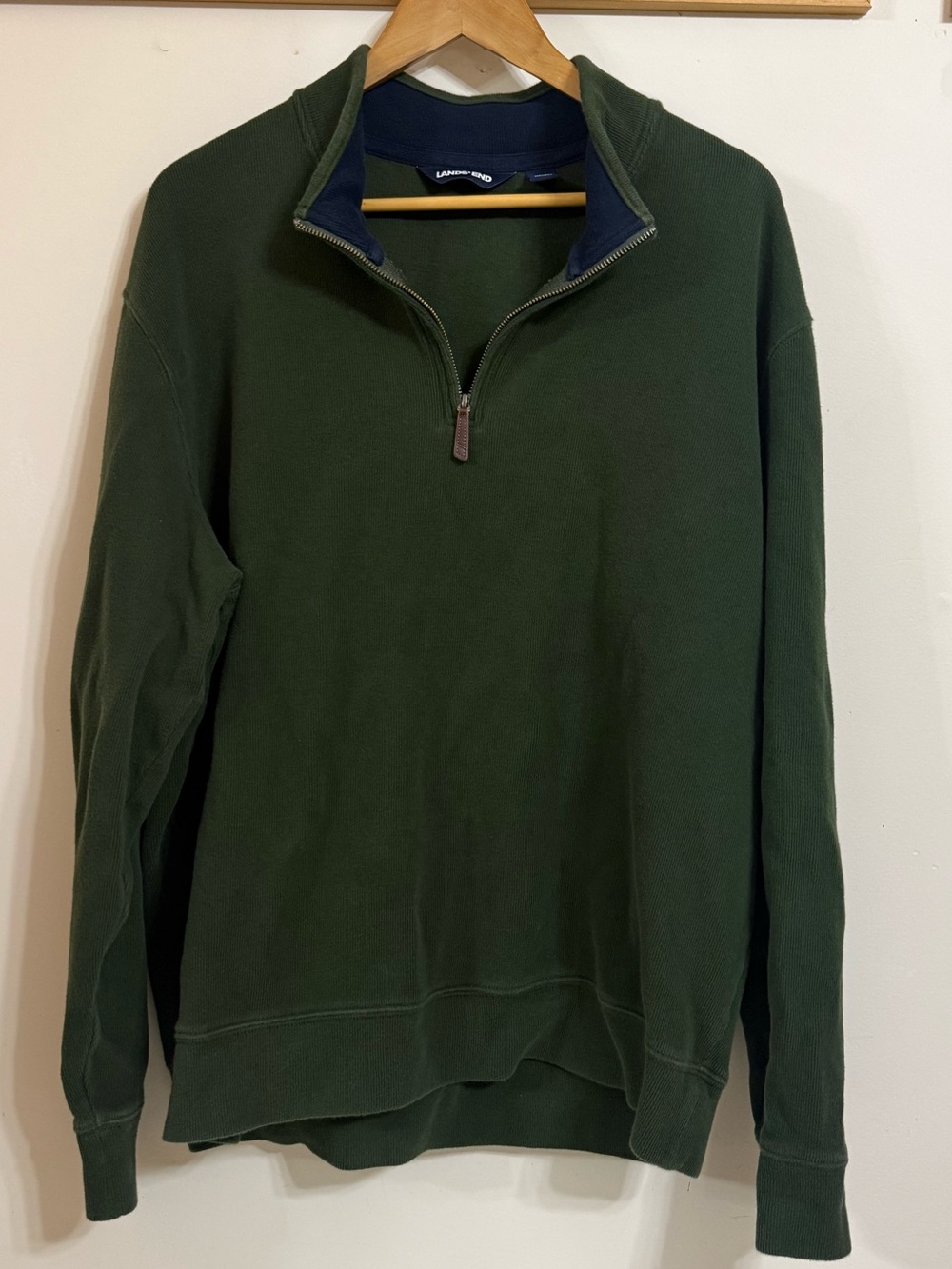 Lands' End Men's Half-Zip Sweater in Dark Green with Navy Trim